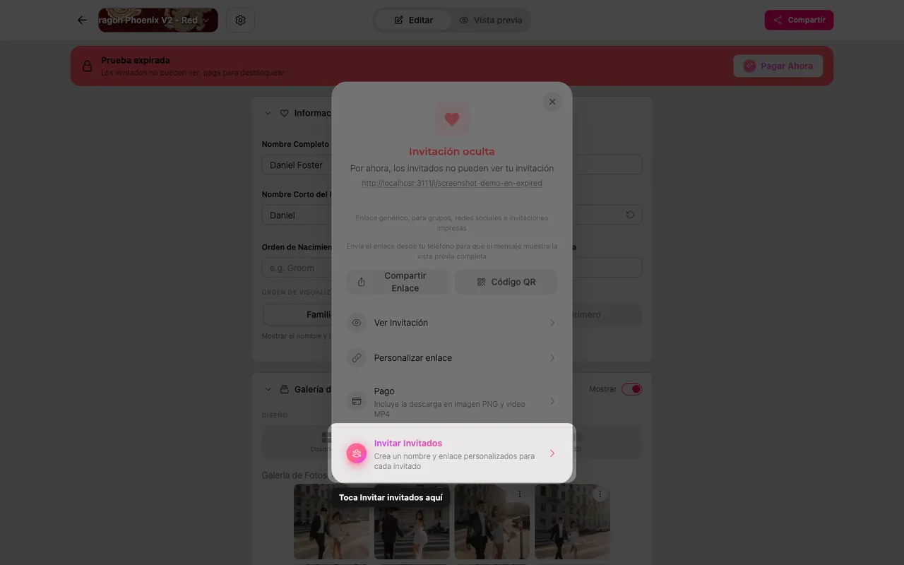 La opción de invitar en el panel Compartir