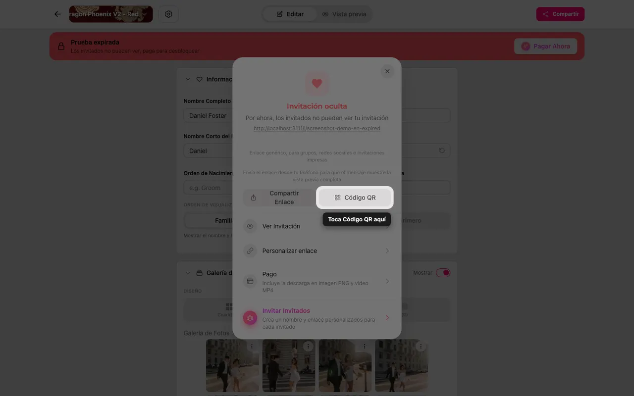 El código QR en el panel Compartir