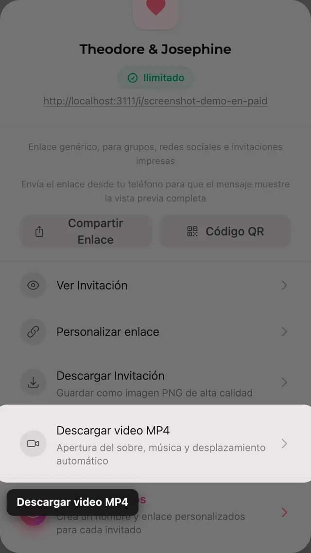 El botón de descargar vídeo MP4 en el panel Compartir