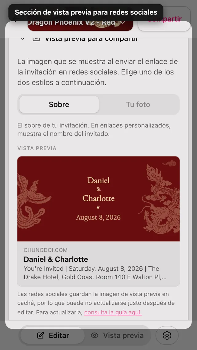 La sección de imagen de vista previa en el editor
