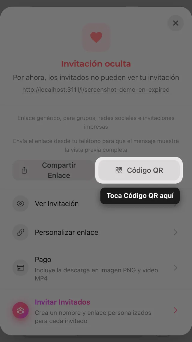 El código QR en el panel Compartir