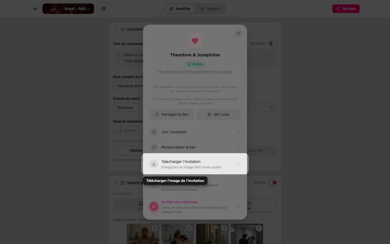 Le bouton de téléchargement de l'image dans le panneau Partager