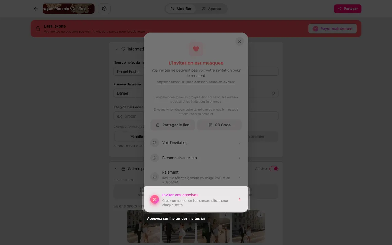 L'option d'invitation des invités dans le panneau Partager