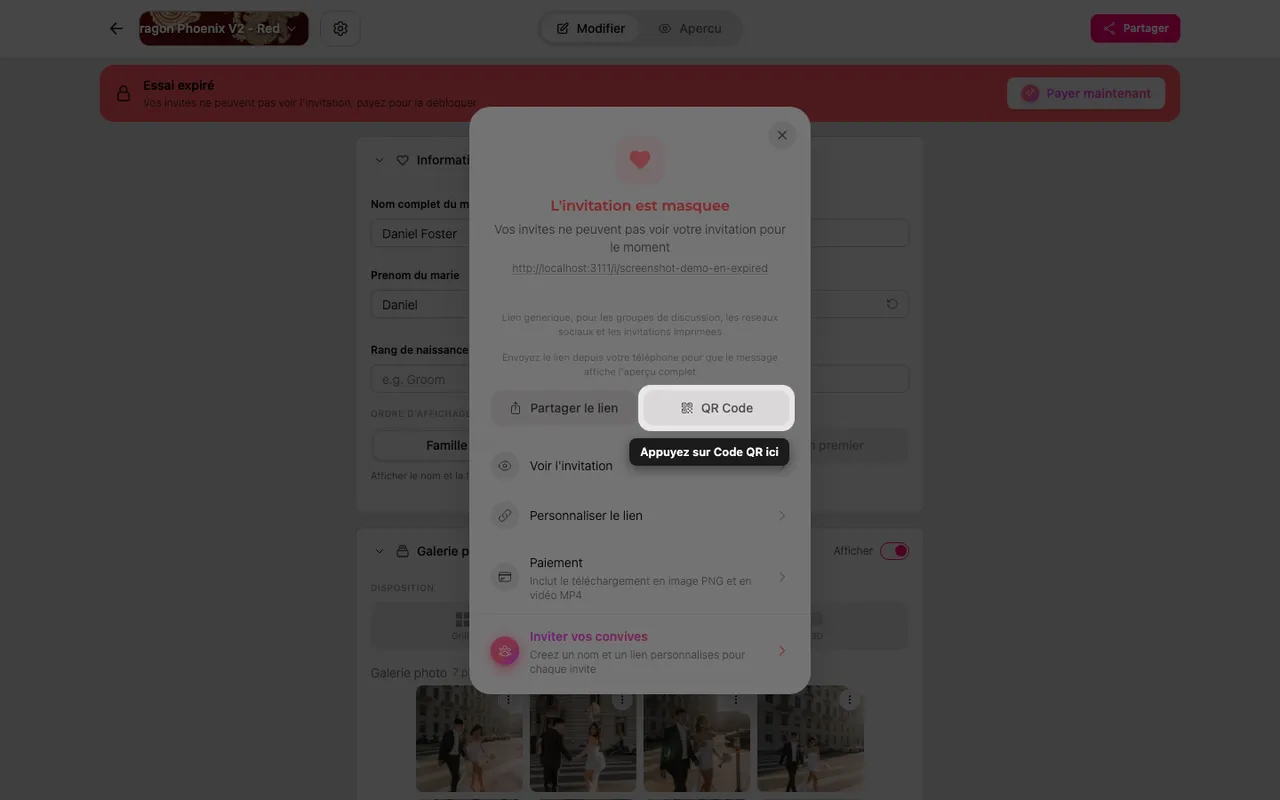 Le QR code dans le panneau Partager