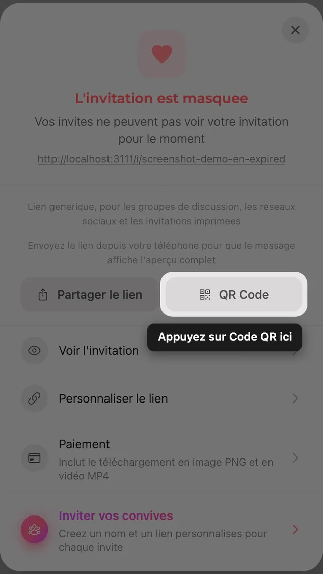 Le QR code dans le panneau Partager