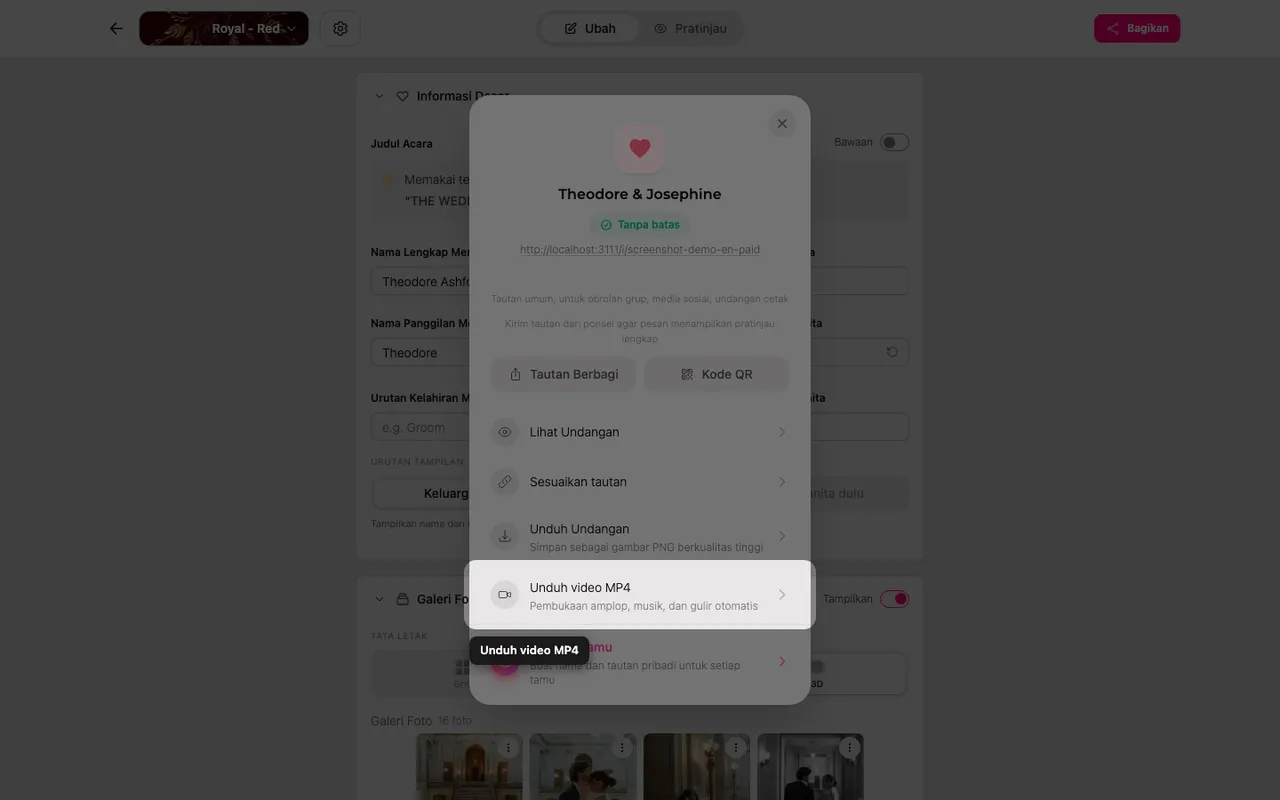 Tombol unduh video MP4 di panel Bagikan