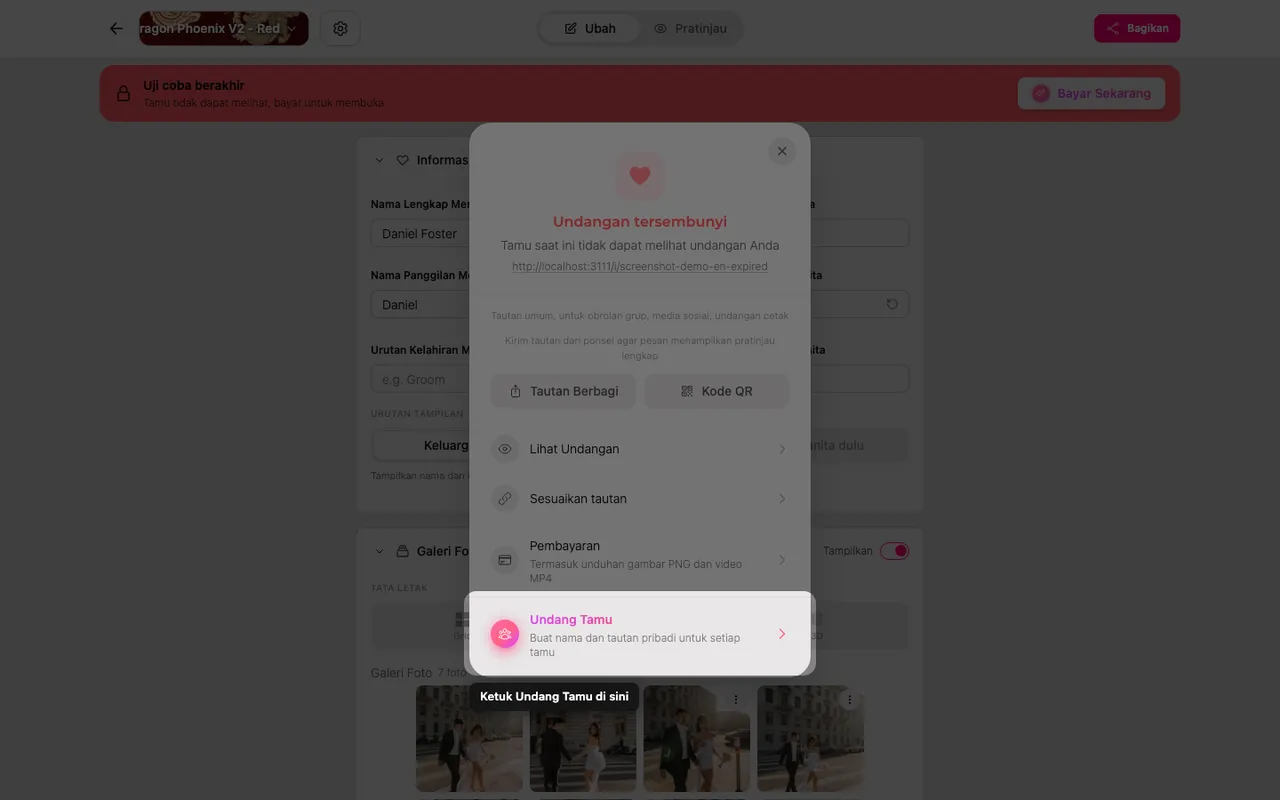 Pilihan mengundang tamu di panel Bagikan