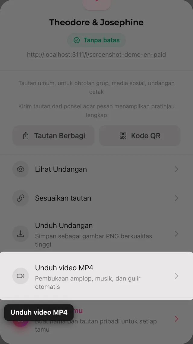 Tombol unduh video MP4 di panel Bagikan