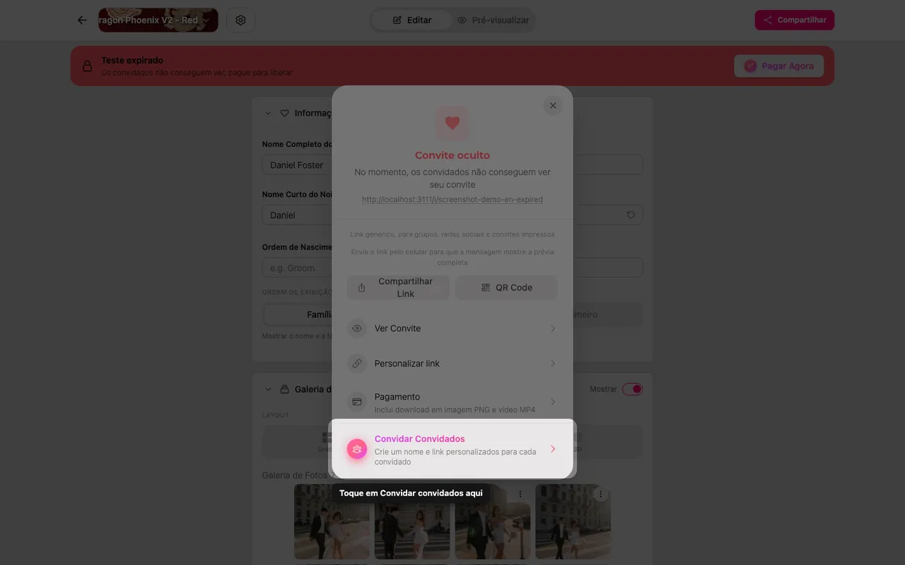 A opção de convidar no painel Compartilhar