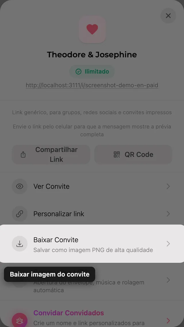 O botão de baixar imagem no painel Compartilhar