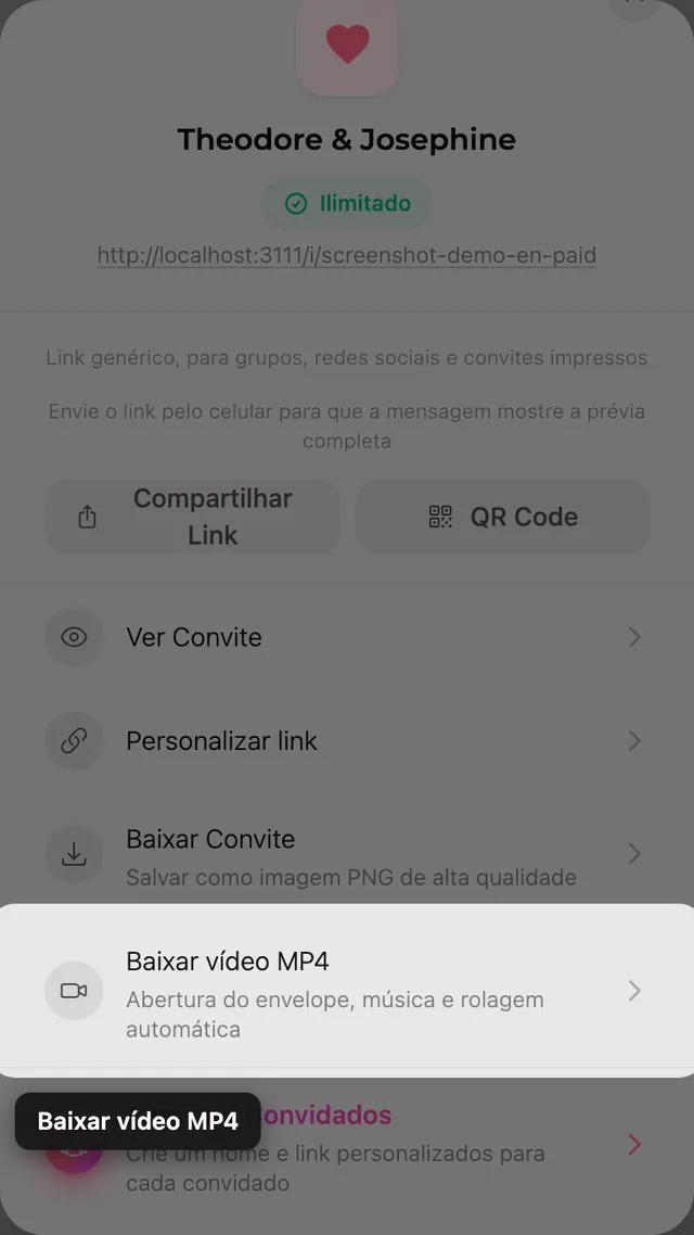 O botão de baixar o vídeo MP4 no painel Compartilhar