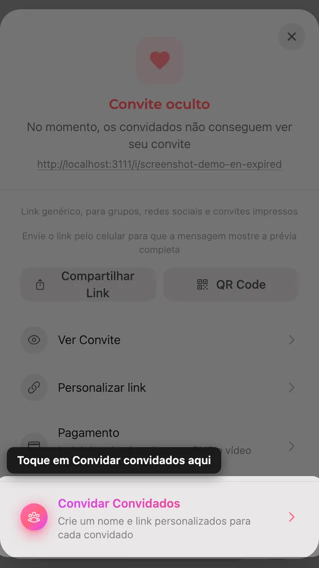 A opção de convidar no painel Compartilhar