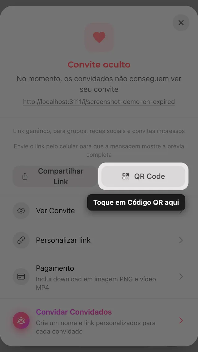 O QR code no painel Compartilhar