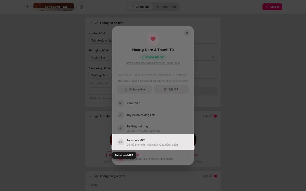 Nút tải video MP4 trong bảng Chia sẻ