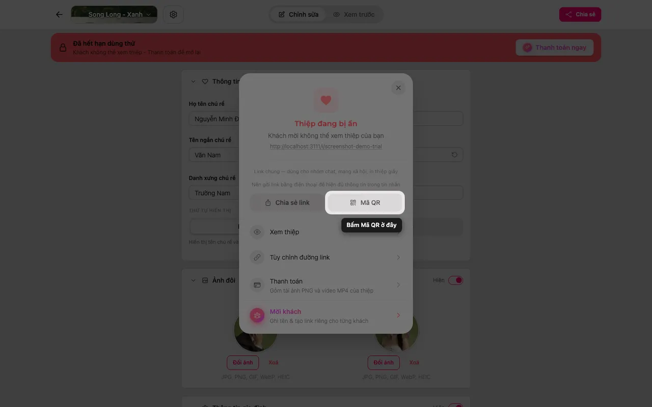Mã QR trong bảng Chia sẻ