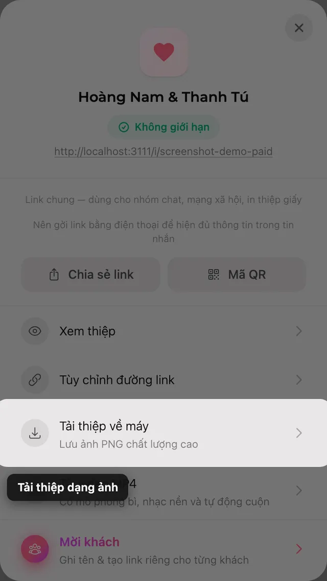 Nút tải thiệp dạng ảnh trong bảng Chia sẻ