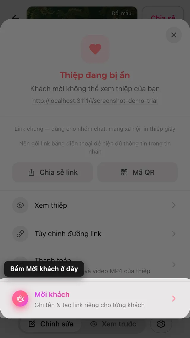 Mục mời khách trong bảng Chia sẻ