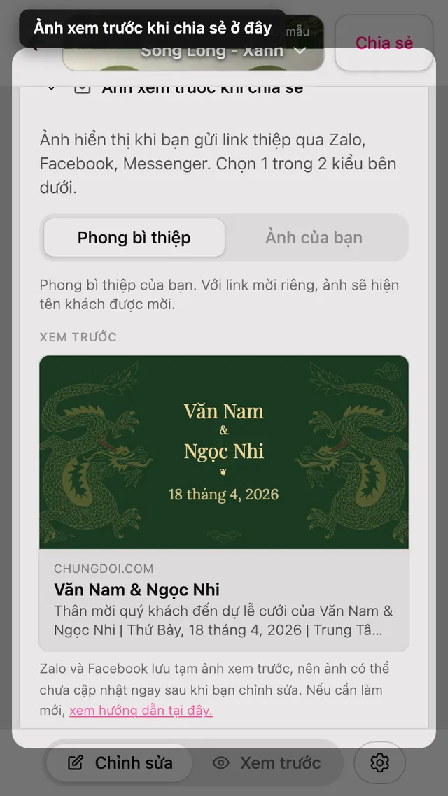 Phần ảnh xem trước khi chia sẻ trong trình chỉnh sửa