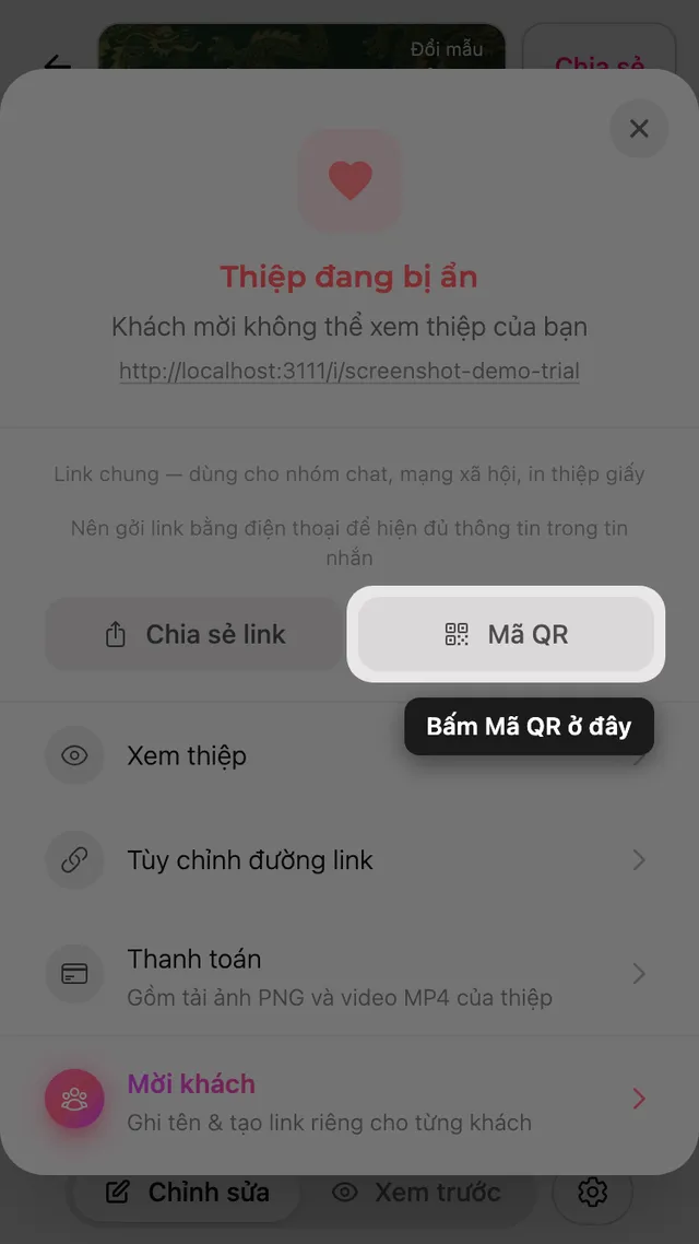 Mã QR trong bảng Chia sẻ