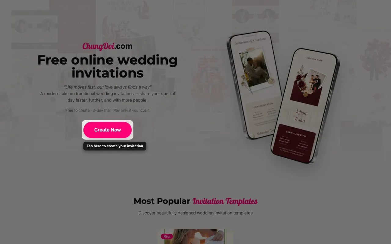 The create invitation button on the ChungDoi home page