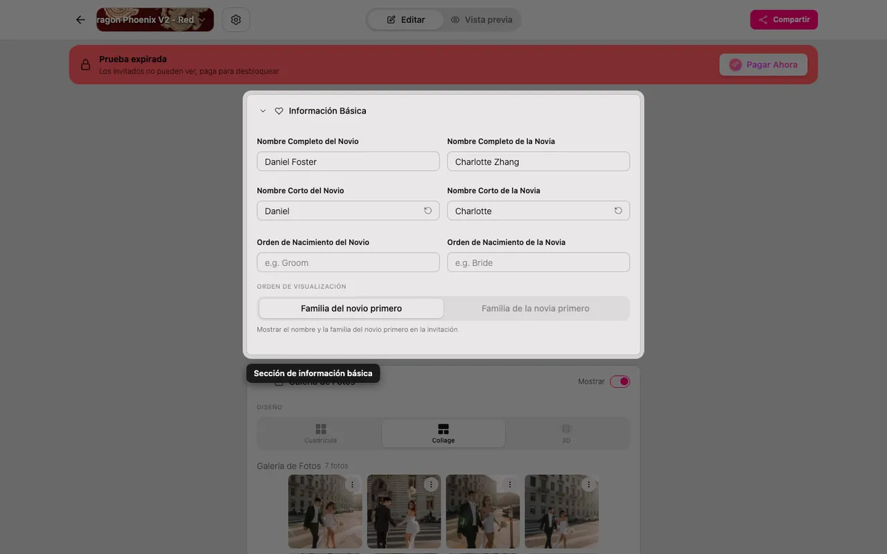 La sección Información básica en el editor