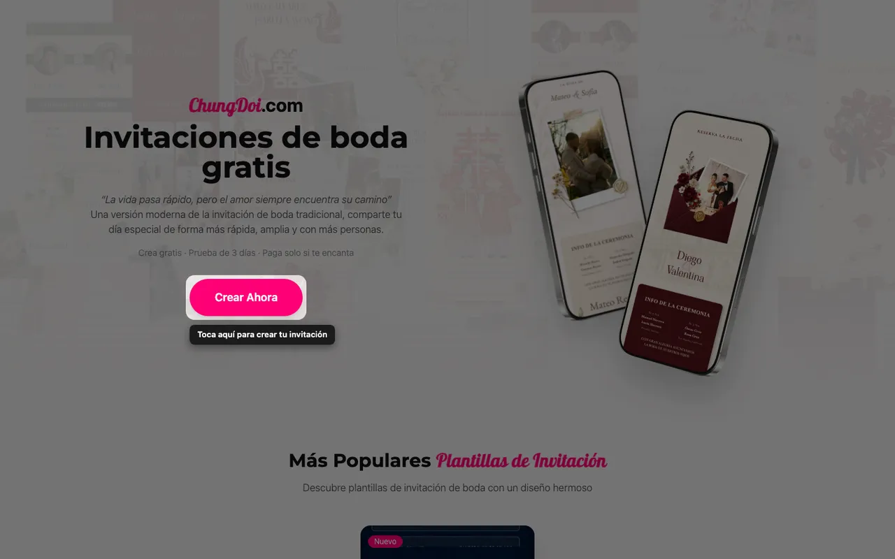 El botón de crear invitación en la página de inicio de ChungDoi