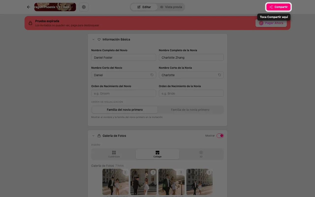 El botón Compartir en el editor