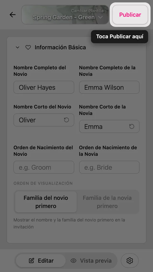 El botón Publicar en la parte superior del editor
