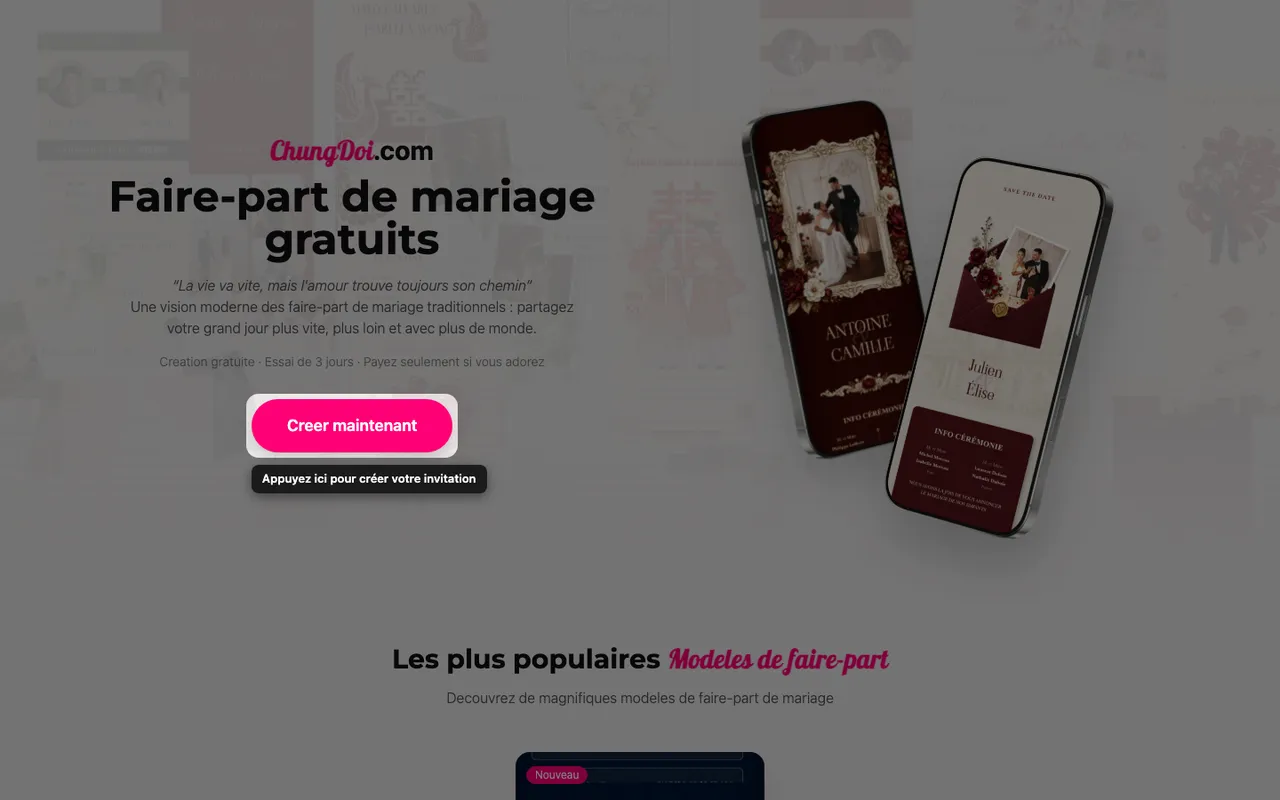 Le bouton de création sur la page d'accueil ChungDoi