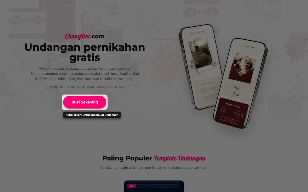 Tombol buat undangan di halaman depan ChungDoi