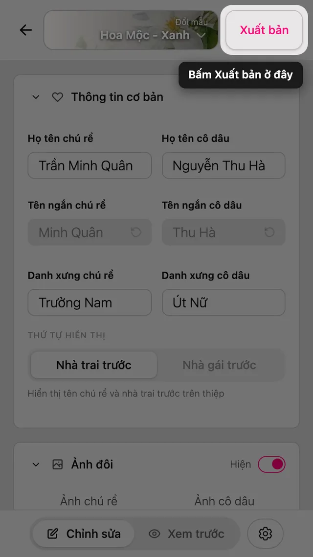 Nút Xuất bản trong trình chỉnh sửa