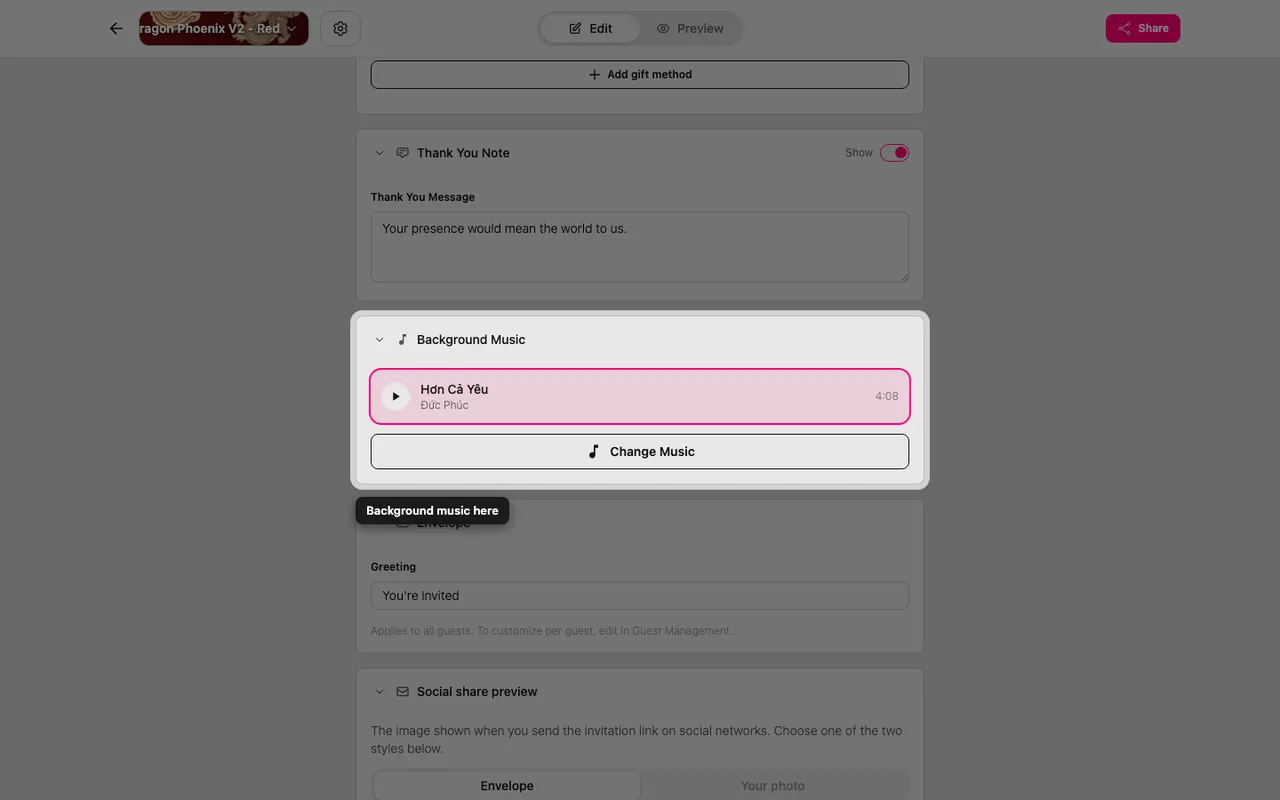 The background Music section in the editor