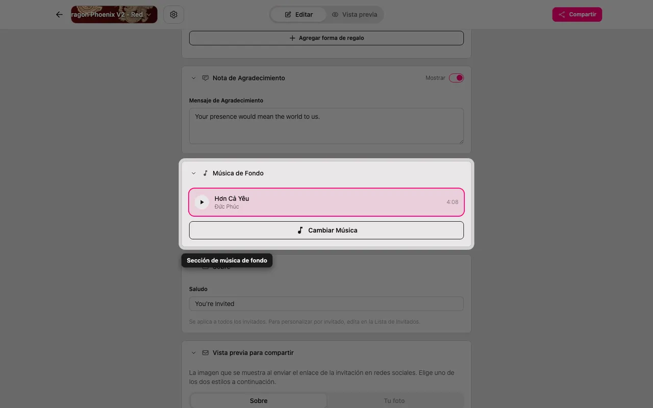 La sección Música de fondo en el editor