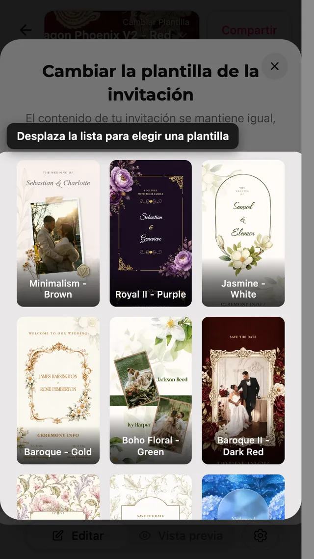 La lista de plantillas en el editor